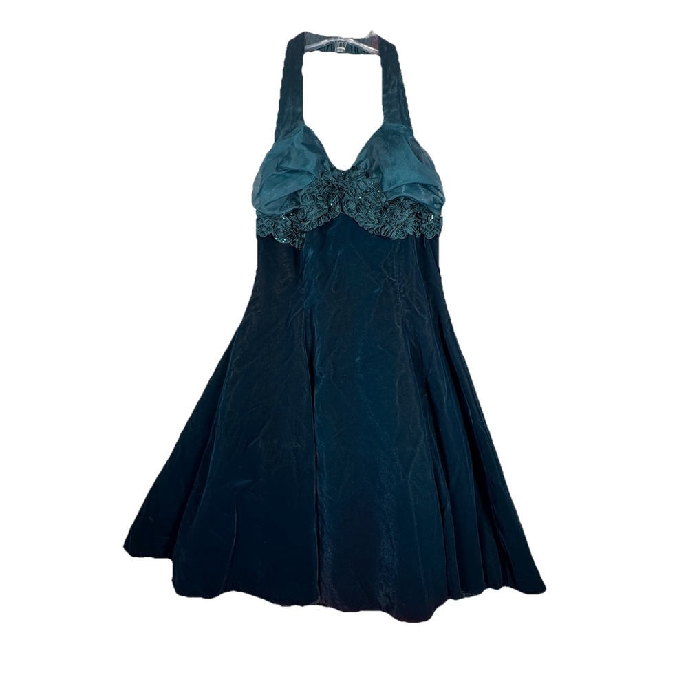 Zum Zum Dress Womens 3 4 Green Taffeta Shimmer Halter Formal 90s Y2K Vintage